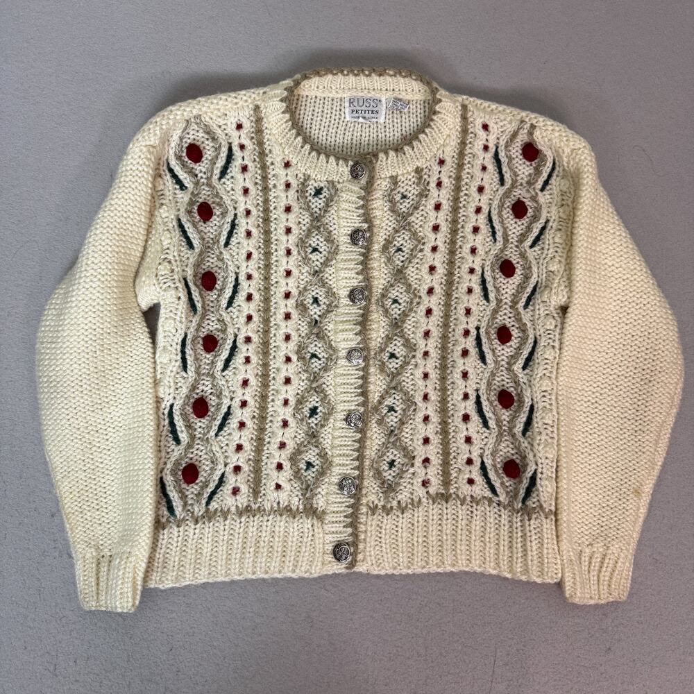 Russ Petites M Cardigan Sweater Ivory Textured Floral Acrylic Cottagecore